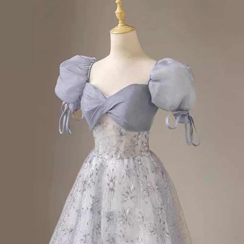 Dusty Blue Tulle Prom Dress Sparkly Floral Homecoming Dress With Puffed Sleeves