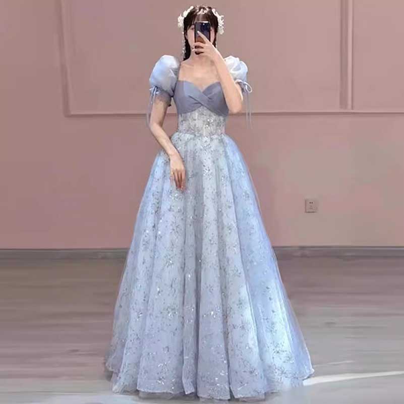 Dusty Blue Tulle Prom Dress Sparkly Floral Homecoming Dress With Puffed Sleeves