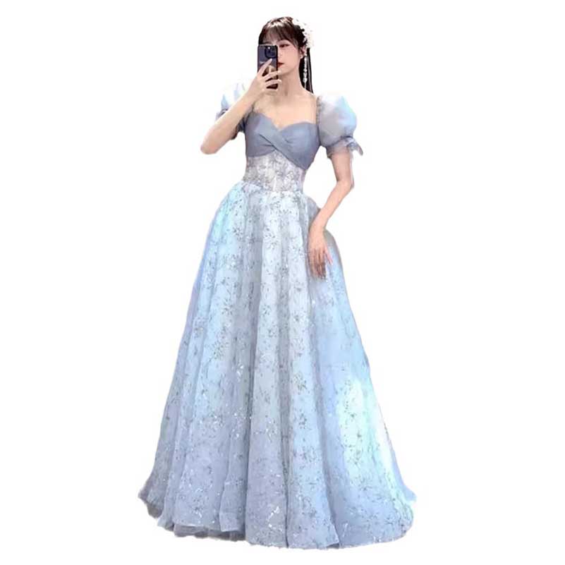 Dusty Blue Tulle Prom Dress Sparkly Floral Homecoming Dress With Puffed Sleeves