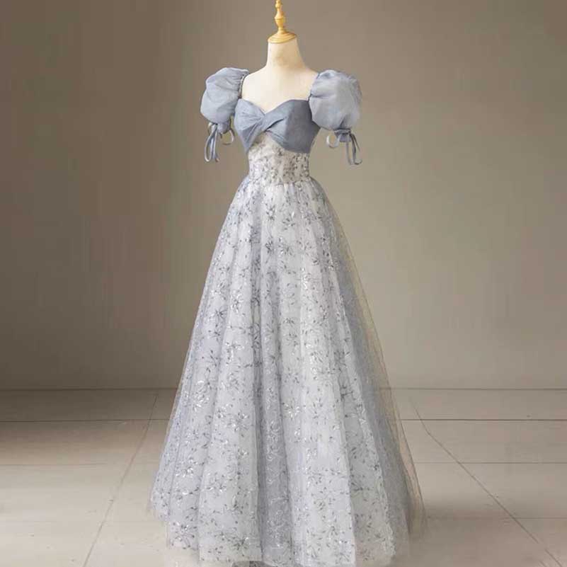 Dusty Blue Tulle Prom Dress Sparkly Floral Homecoming Dress With Puffed Sleeves