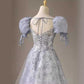 Dusty Blue Tulle Prom Dress Sparkly Floral Homecoming Dress With Puffed Sleeves