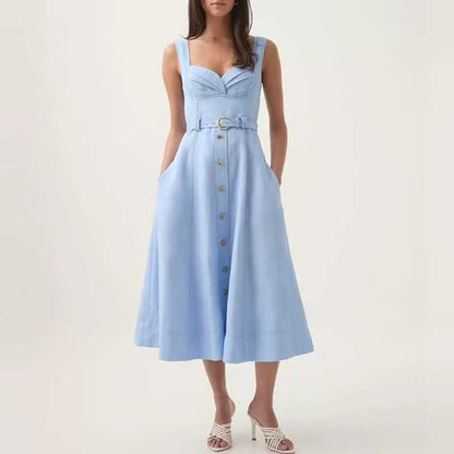 Square-Neck Belted Midi Dress