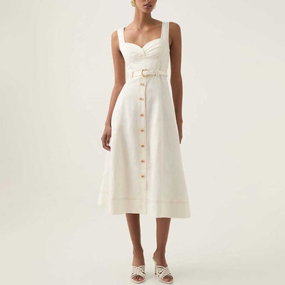 Square-Neck Belted Midi Dress