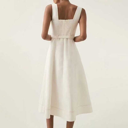 Square-Neck Belted Midi Dress