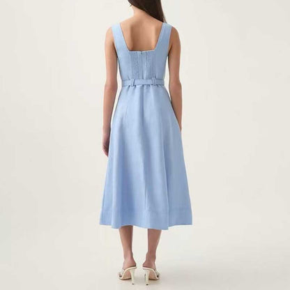 Square-Neck Belted Midi Dress
