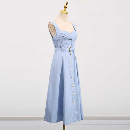 Square-Neck Belted Midi Dress