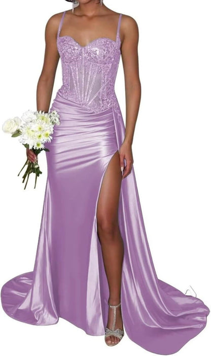Satin Bridesmaid Dress Square Neck Satin Mermaid Prom Dress with Slit