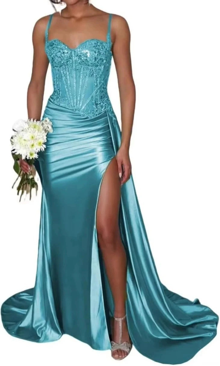 Satin Bridesmaid Dress Square Neck Satin Mermaid Prom Dress with Slit