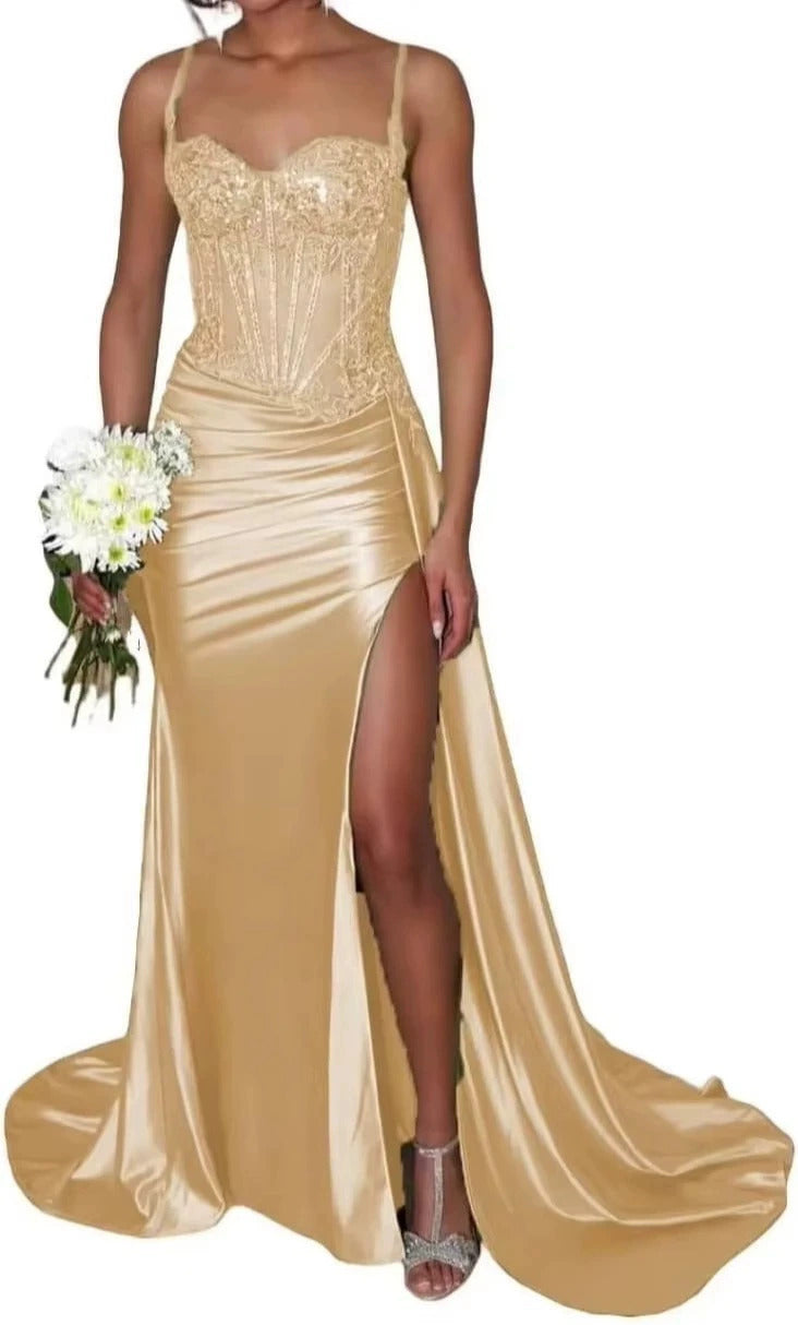 Satin Bridesmaid Dress Square Neck Satin Mermaid Prom Dress with Slit