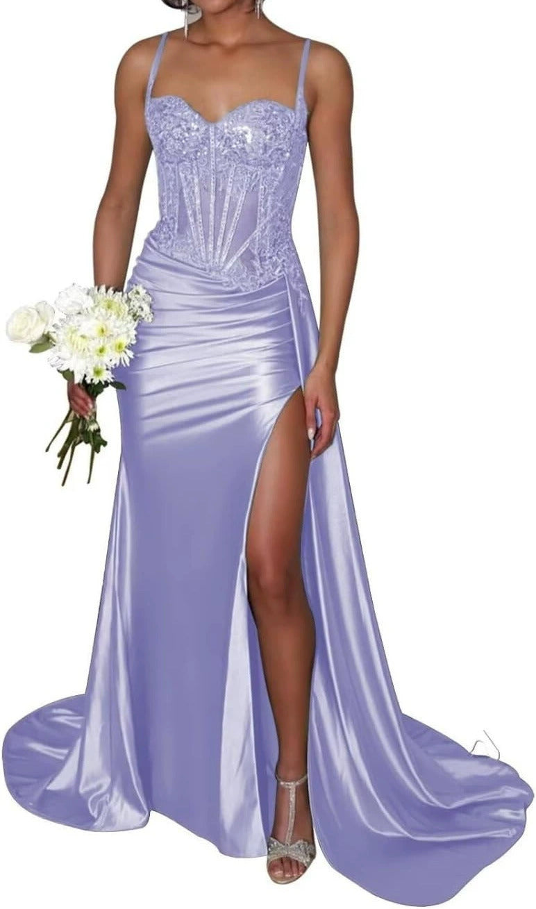 Satin Bridesmaid Dress Square Neck Satin Mermaid Prom Dress with Slit