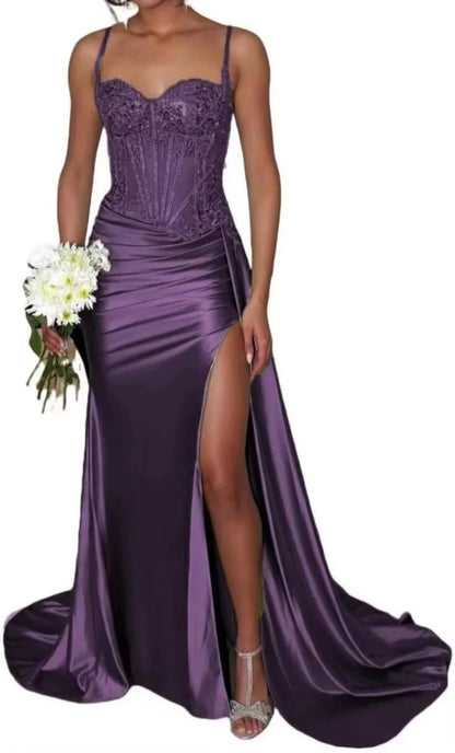 Satin Bridesmaid Dress Square Neck Satin Mermaid Prom Dress with Slit