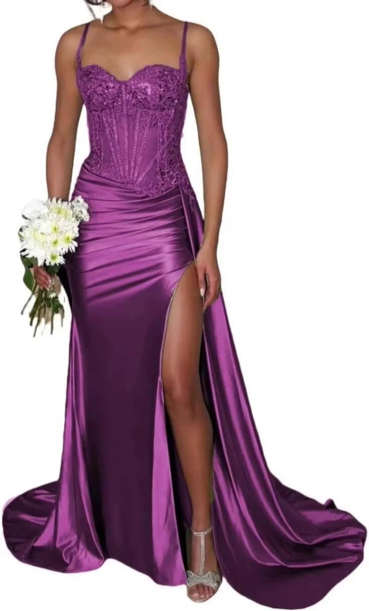Satin Bridesmaid Dress Square Neck Satin Mermaid Prom Dress with Slit