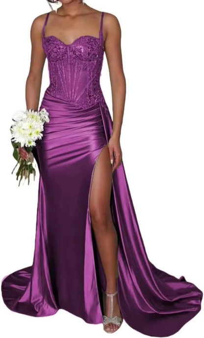 Satin Bridesmaid Dress Square Neck Satin Mermaid Prom Dress with Slit