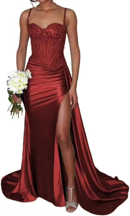 Satin Bridesmaid Dress Square Neck Satin Mermaid Prom Dress with Slit
