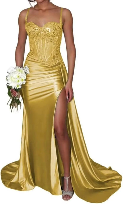 Satin Bridesmaid Dress Square Neck Satin Mermaid Prom Dress with Slit