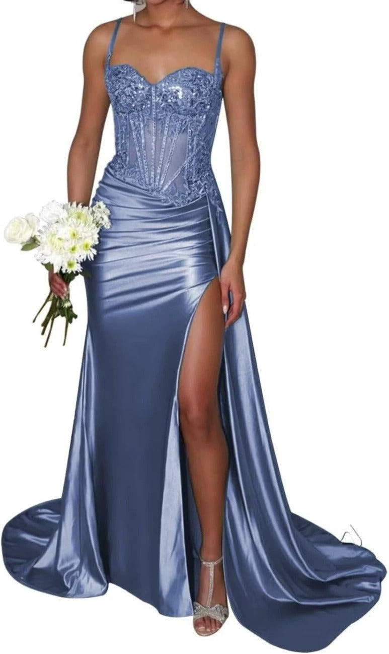 Satin Bridesmaid Dress Square Neck Satin Mermaid Prom Dress with Slit