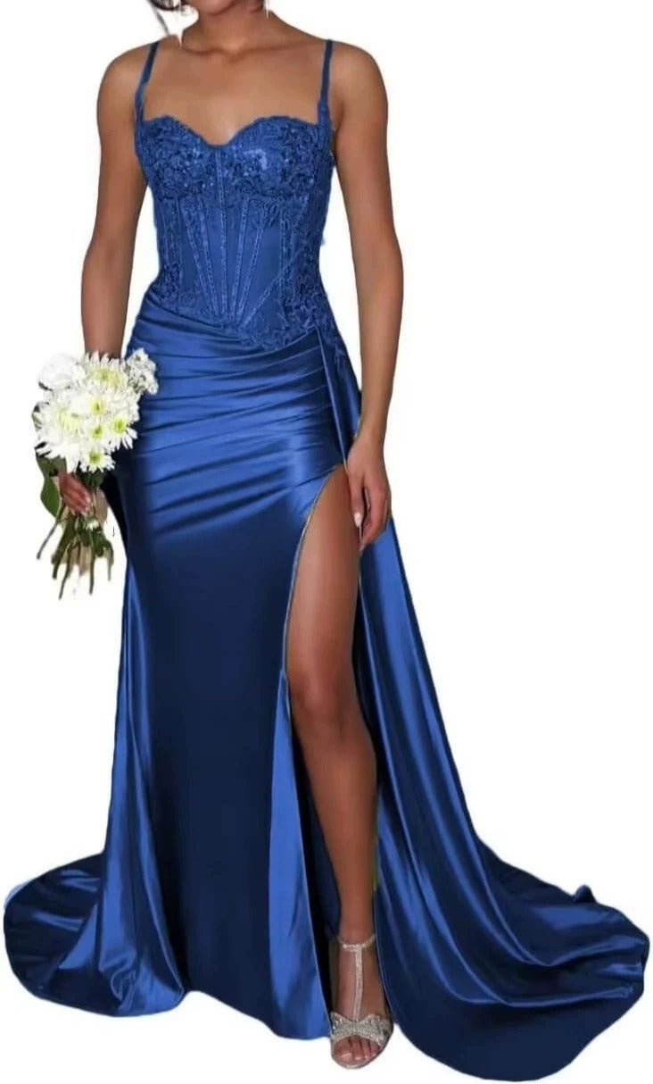 Satin Bridesmaid Dress Square Neck Satin Mermaid Prom Dress with Slit