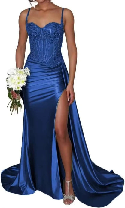 Satin Bridesmaid Dress Square Neck Satin Mermaid Prom Dress with Slit