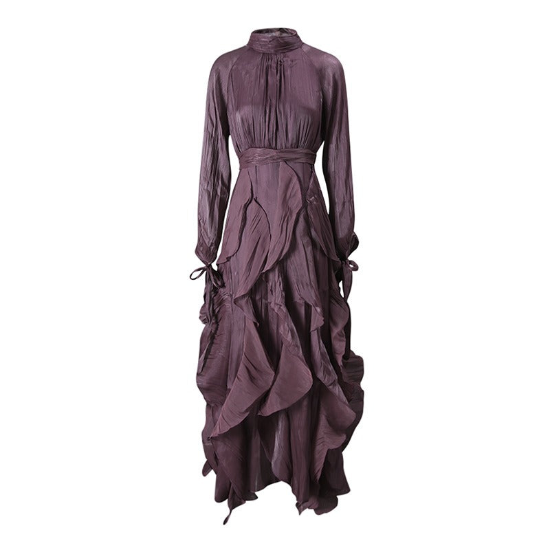 Trendy Stand Collar Ruffle Long Sleeve Dress with Waist Shaping