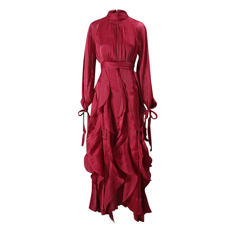 Trendy Stand Collar Ruffle Long Sleeve Dress with Waist Shaping