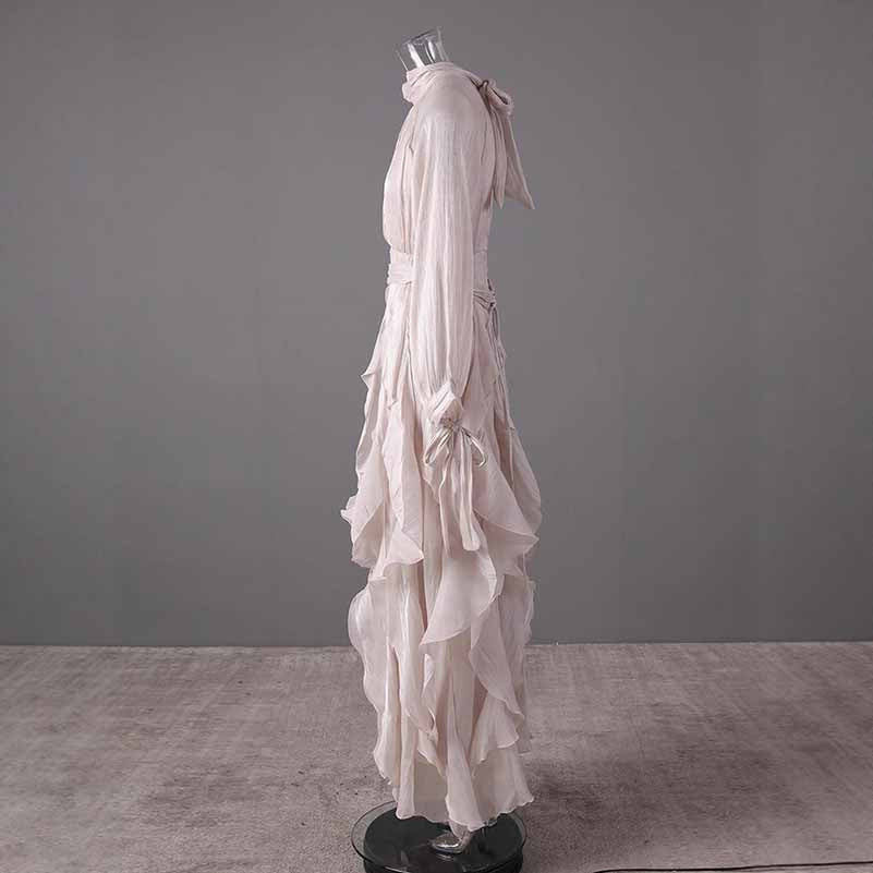 Trendy Stand Collar Ruffle Long Sleeve Dress with Waist Shaping