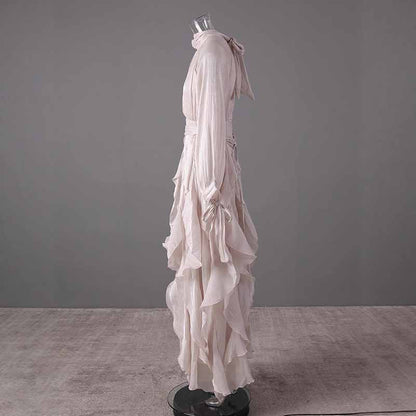 Trendy Stand Collar Ruffle Long Sleeve Dress with Waist Shaping