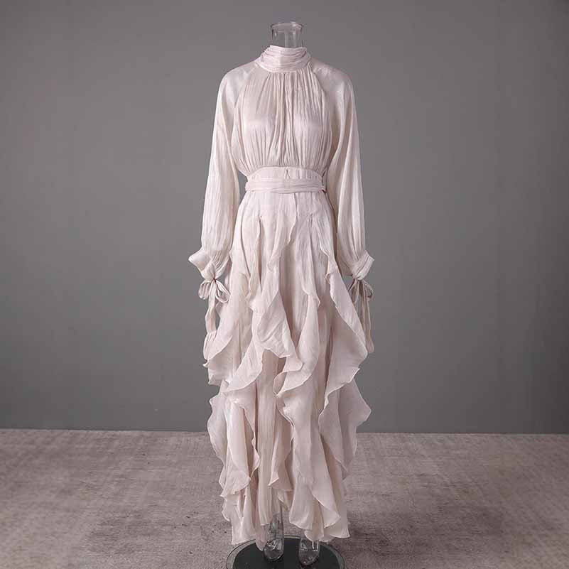 Trendy Stand Collar Ruffle Long Sleeve Dress with Waist Shaping