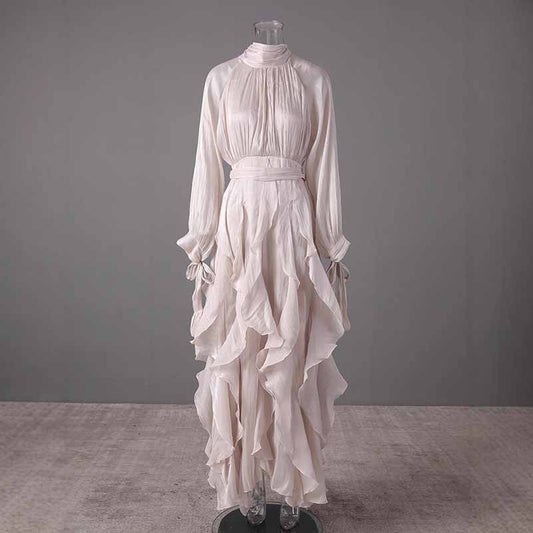 Trendy Stand Collar Ruffle Long Sleeve Dress with Waist Shaping