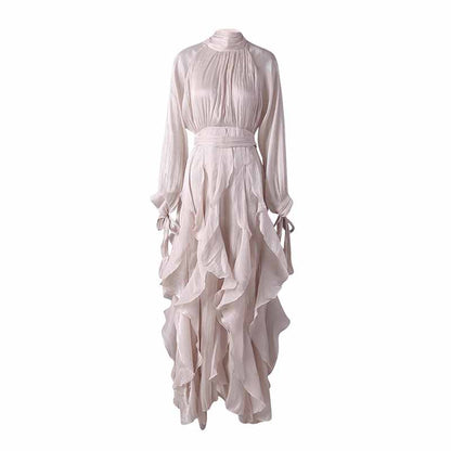Trendy Stand Collar Ruffle Long Sleeve Dress with Waist Shaping