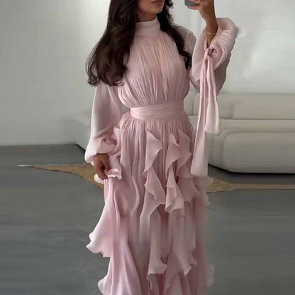 Trendy Stand Collar Ruffle Long Sleeve Dress with Waist Shaping