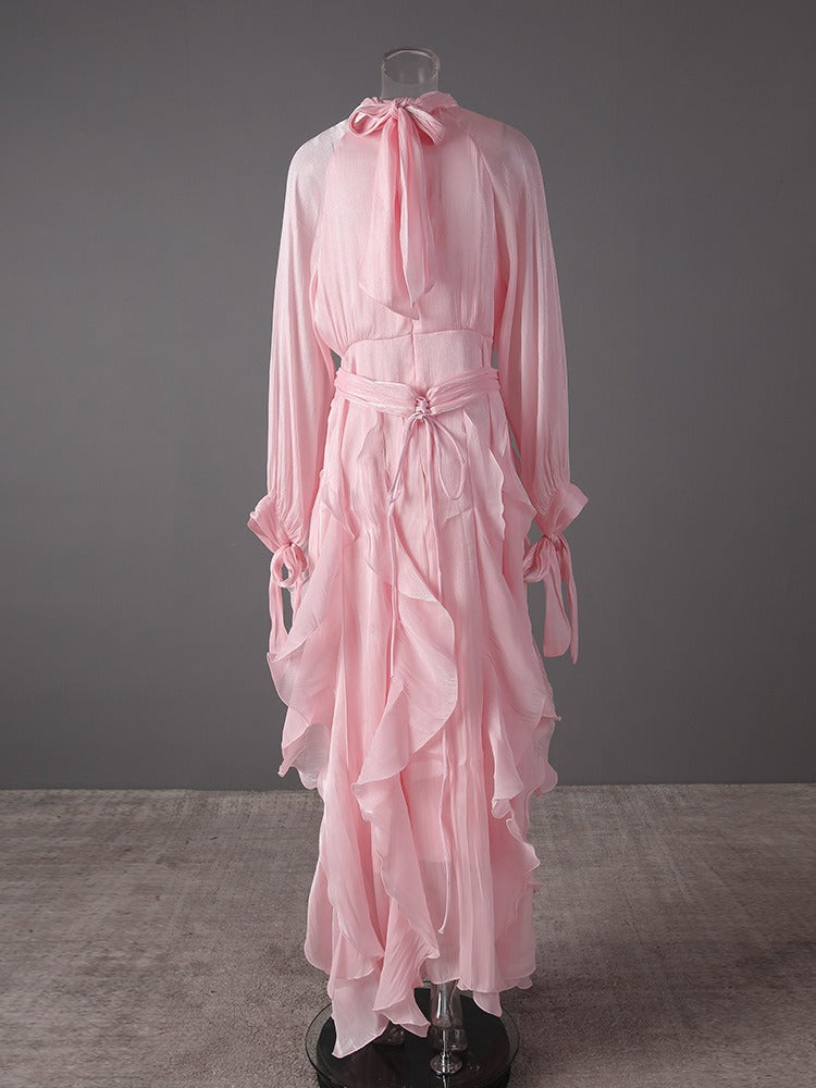 Trendy Stand Collar Ruffle Long Sleeve Dress with Waist Shaping