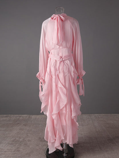 Trendy Stand Collar Ruffle Long Sleeve Dress with Waist Shaping