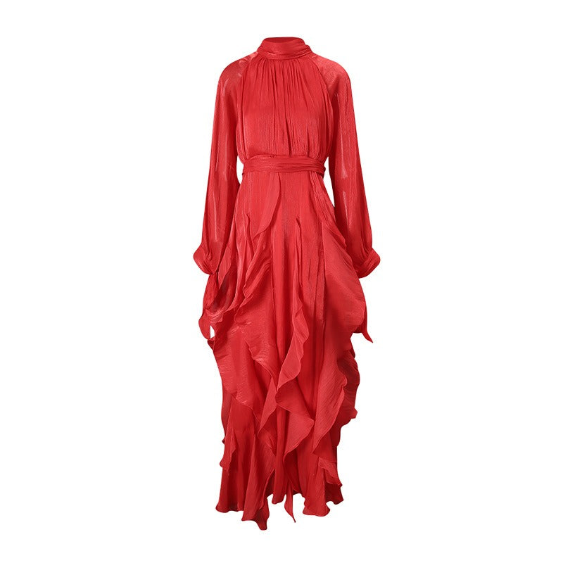 Trendy Stand Collar Ruffle Long Sleeve Dress with Waist Shaping