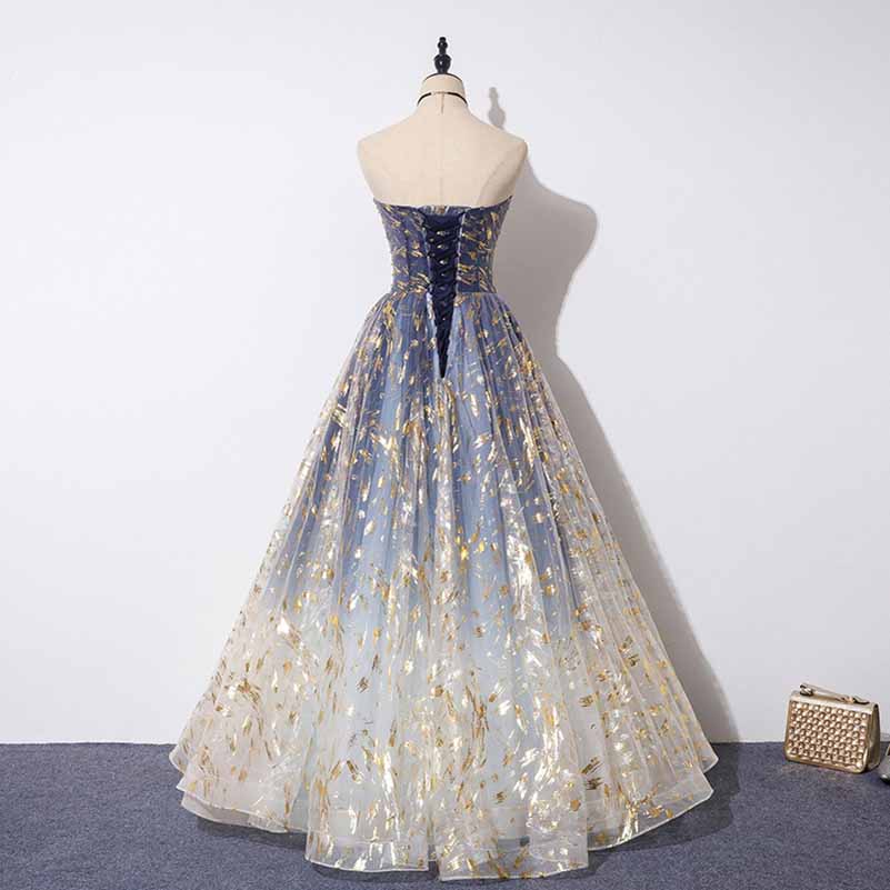gradient blue prom dress A-line Blue Gradient Tulle Lace-up Formal Dress, Blue Floor Length Prom  Dress Party Dress
