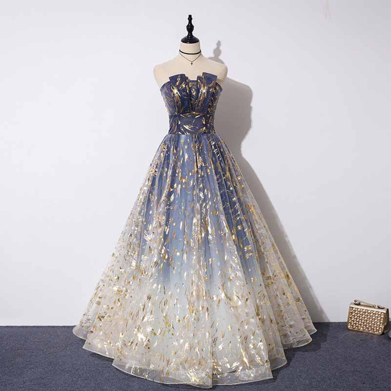 Strapless Ball Gown Gradient Blue Long Party Dress Tulle Prom Dress