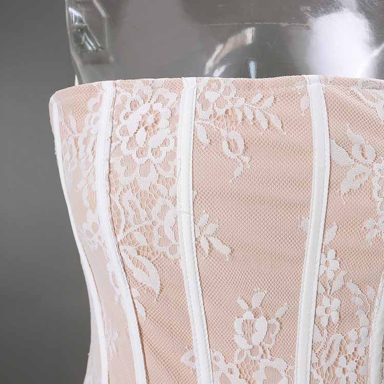 Lace & Rose Embellished Mini Dress – Strapless Party Dress with Patchwork Design