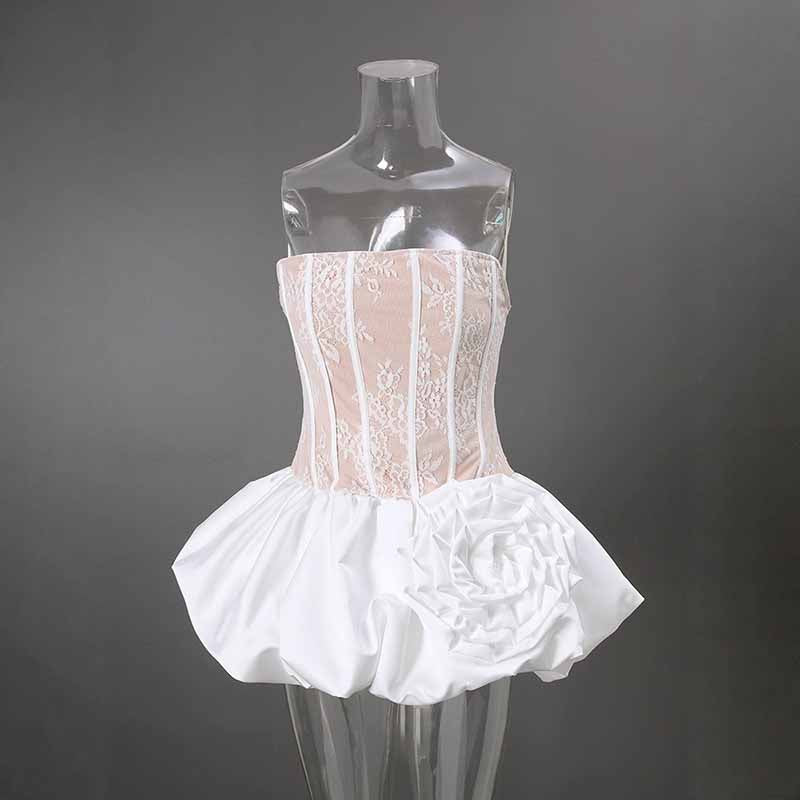 Lace & Rose Embellished Mini Dress – Strapless Party Dress with Patchwork Design