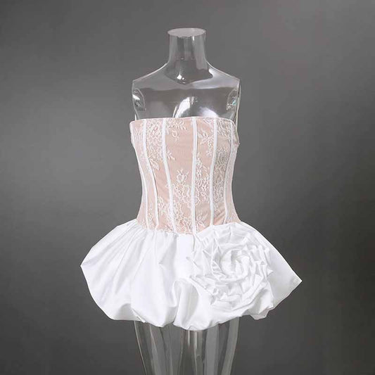 Lace & Rose Embellished Mini Dress – Strapless Party Dress with Patchwork Design