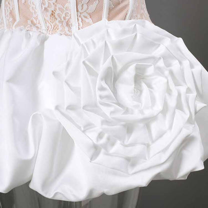 Lace & Rose Embellished Mini Dress – Strapless Party Dress with Patchwork Design