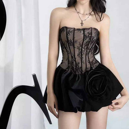 Lace & Rose Embellished Mini Dress – Strapless Party Dress with Patchwork Design