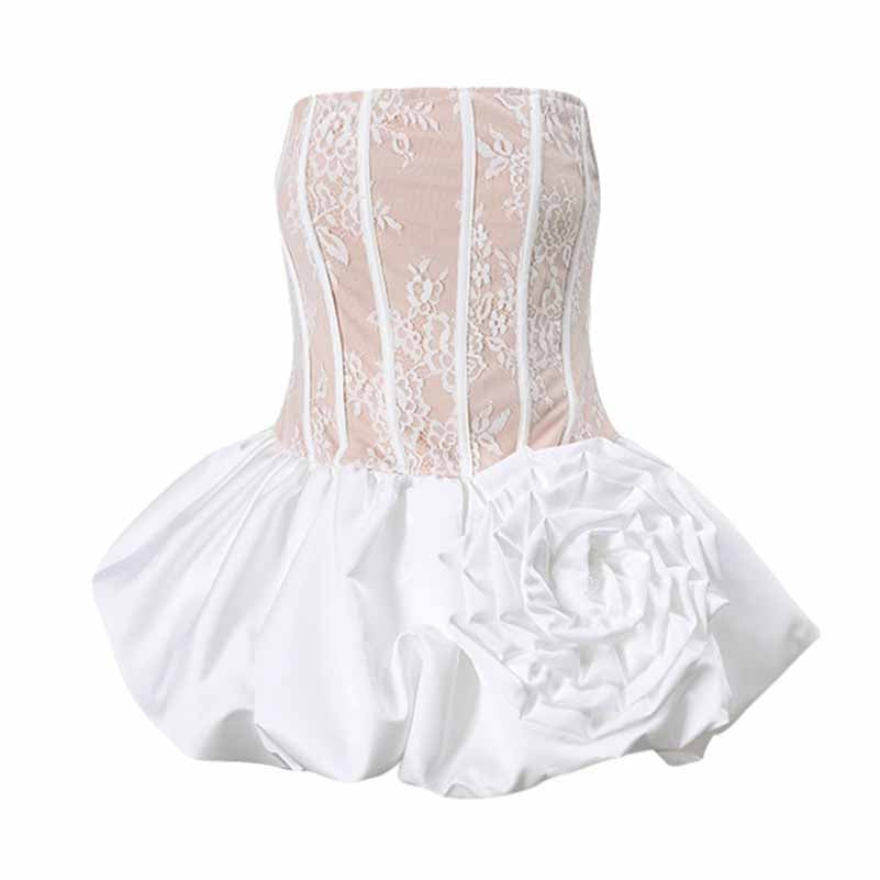 Lace & Rose Embellished Mini Dress – Strapless Party Dress with Patchwork Design