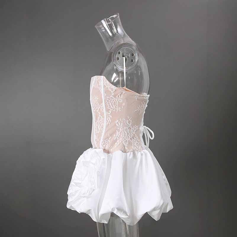 Lace & Rose Embellished Mini Dress – Strapless Party Dress with Patchwork Design