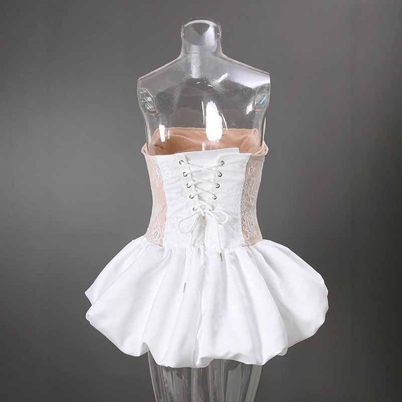 Lace & Rose Embellished Mini Dress – Strapless Party Dress with Patchwork Design