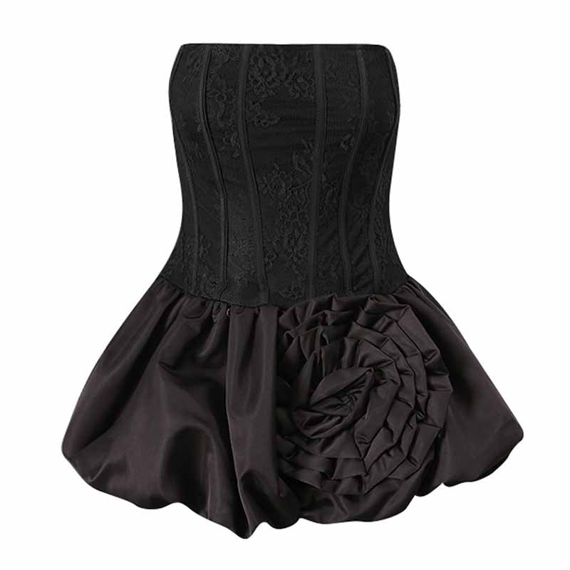 Lace & Rose Embellished Mini Dress – Strapless Party Dress with Patchwork Design