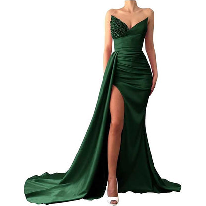 Strapless Mermaid  Bridesmaid Dresses Long Satin Sequin Prom Gowns with Slit