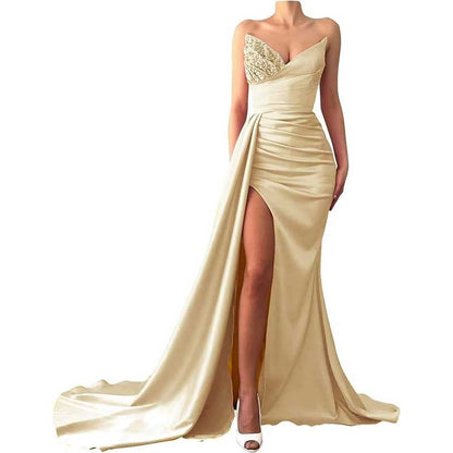 Strapless Mermaid  Bridesmaid Dresses Long Satin Sequin Prom Gowns with Slit