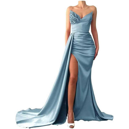 Strapless Mermaid  Bridesmaid Dresses Long Satin Sequin Prom Gowns with Slit
