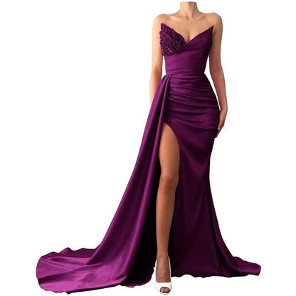 Strapless Mermaid  Bridesmaid Dresses Long Satin Sequin Prom Gowns with Slit