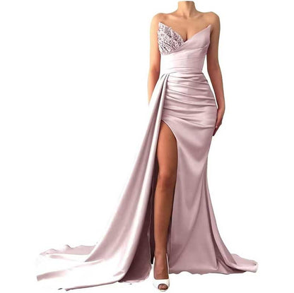 Strapless Mermaid  Bridesmaid Dresses Long Satin Sequin Prom Gowns with Slit