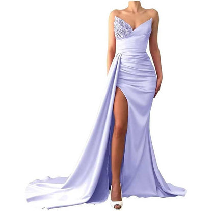 Strapless Mermaid  Bridesmaid Dresses Long Satin Sequin Prom Gowns with Slit